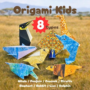 Set de gran valor | A los niños les encantará | Fomenta la creatividad con origami y coloreado | 8 animales: león, elefante, jirafa, ballena, delfín, pingüino, conejo y pavo real | Color y blanco y negro | Datos digitales imprimibles | Tamaños A4 y B5 | Perfecto para cumpleaños, regalos, fiestas y decoraciones