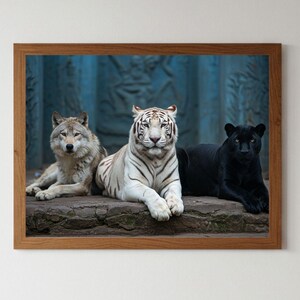 Sacred Guardians – White Tiger, Black Panther & Wolf | Mystical Animal JPEG Wall Art (A4 and More) | Printable for Kids and Families