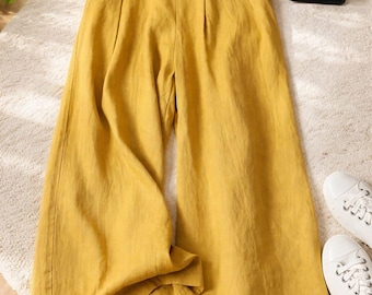 Mustard Cotton Linen Culottes: Women's Wide Leg High Waisted Casual Trousers, Gift For Her