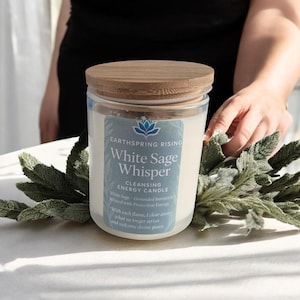 White Sage Candle, White Sage Oil & Dried Sage | 10oz Soy Wax Wood Wick Candle with Wood Lid | Energy Cleansing Protection | 50-Hour Burn