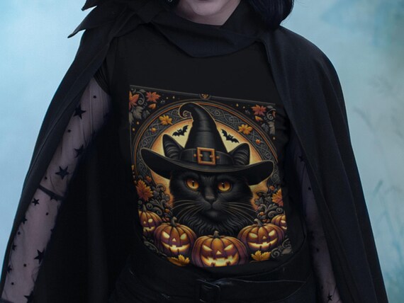 Halloween Cat T-Shirt: Witchy Black Cat & Pumpkins - Unisex Fall Tee