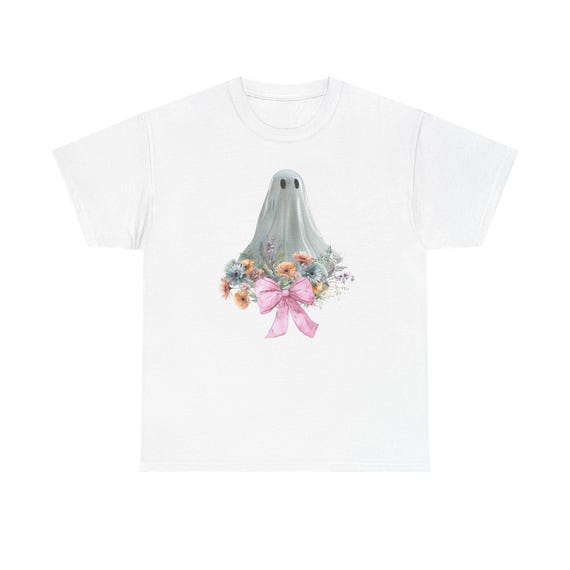 Cute Ghost with Flowers and Bow T-Shirt | Spooky But Cute Halloween Shirt | Pastel Ghost Graphic Tee for Women & Kids