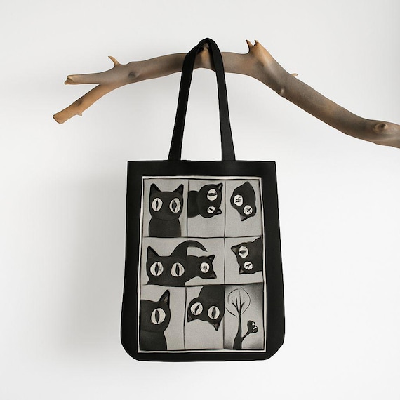 Whimsical Black Cat Illustration Tote Bag: Halloween Cotton Canvas Shopping Bag
