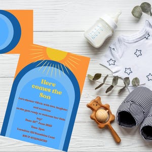Voici le lot Baby Shower Son : une invitation, un jeu de pronostics pour bébé et une carte de remerciement | Modèle modifiable | Téléchargement instantané via Canva