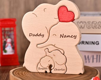 Puzzle personalizzato in legno a tema famiglia di elefanti, ricordo inciso della famiglia di elefanti, regalo di anniversario per la moglie, regalo di compleanno per la mamma, regalo per baby shower