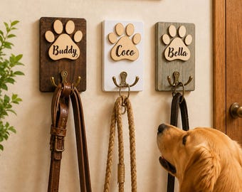 Custom Wooden Dog Leash Hook, Personalized Pet Name Holder, Dog Accessory Organizer, Gift for Dog Lover, Pet Memorial Gift, Dog Leash Hanger