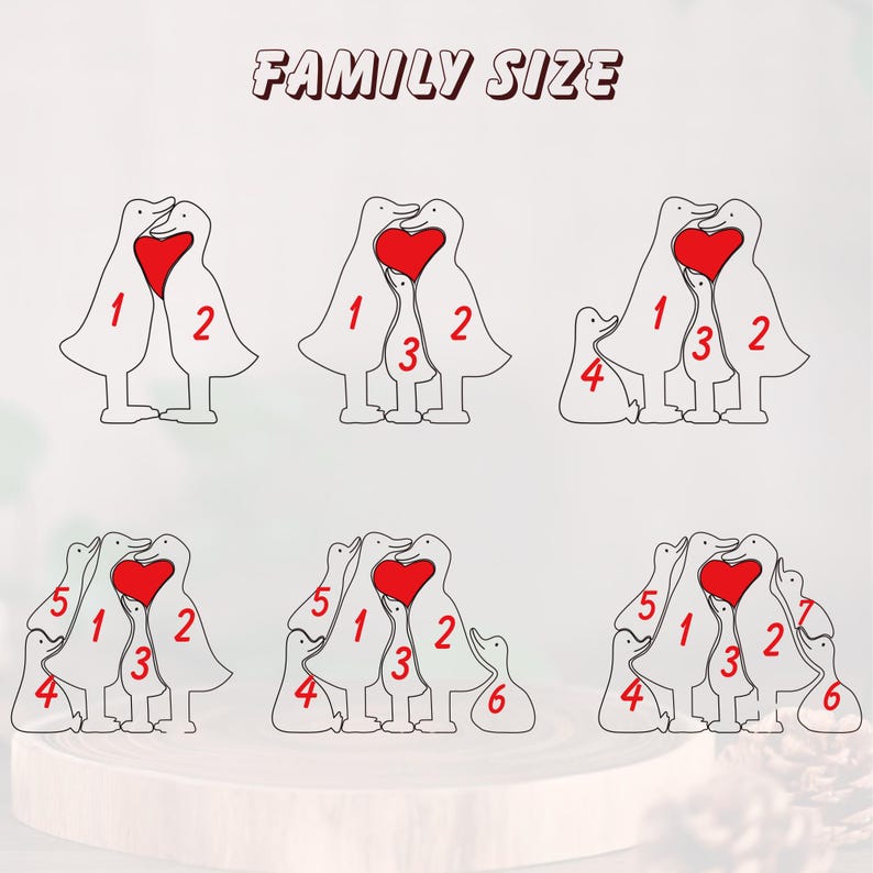 May include: White wooden duck family figurines with red heart accents. The text "FAMILY SIZE" is at the top. The figurines are numbered to indicate family size, ranging from two to six ducks.