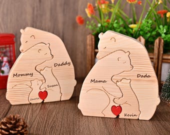 Handcrafted Wooden Bear Family Puzzle, Custom Bear Family Name Keepsake for Dad Mum, Gifts for Husband Birthday, First Fathers Day Gift