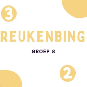 Op de afbeelding: Een witte achtergrond met de tekst "BREUKENBINGO" in lichtoranje. De tekst "GROEP 8" staat eronder. Er zijn lichtoranje cirkels met de nummers 2, 3, 5 en 7.