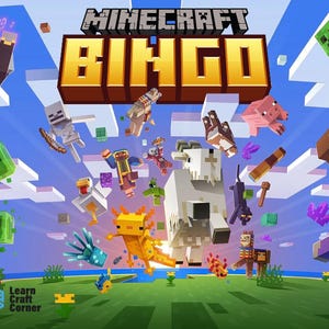 May include: A colourful illustration for a Minecraft Bingo game, with the title in gold and various Minecraft characters such as zombies, pigs, and creepers. The background shows a blue sky with clouds and a green landscape.