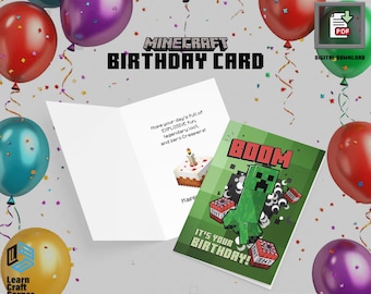 Minecraft Birthday Card Printable | Creeper TNT Theme | Boom It's Your Birthday | Foldable 5x7 Instant Download