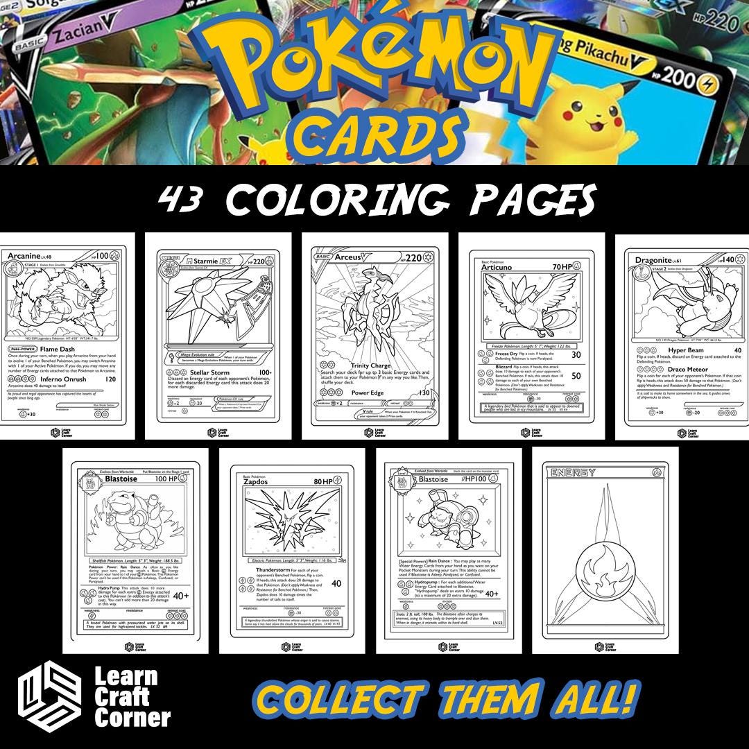 Pokmon Cards Coloring Book | 43 Printable Cards With Pikachu, Charizard  and Legendary Mewtwo, Zapdos, Articuno for Kids & Fans - Etsy