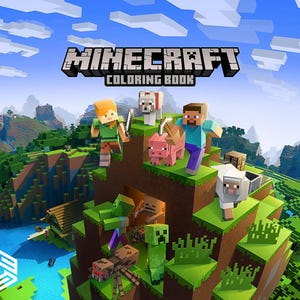 Könnte beinhalten: Das Cover eines Minecraft Malbuchs mit dem Spiel-Logo und Charakteren. Die Szene zeigt Steve, Alex, einen Hund, ein Schwein, ein Schaf und Monster auf einer pixeligen Landschaft mit blauem Himmel und grünem Gelände.