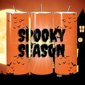 Spooky Season Tumbler PNG: Halloween Bats & Full Moon (Digital Design, PDF)