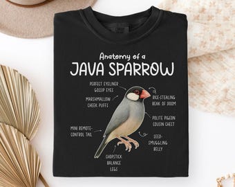 以下が含まれることがあります： Java Sparrowの解剖図が描かれた黒いスウェットシャツ。 「Anatomy of a JAVA SPARROW」の文字と、「Perfect Eyeliner（完璧なアイライナー）」や「Rice-Stealing Beak of Doom（米泥棒の破滅のくちばし）」などのユーモラスな説明が添えられています。