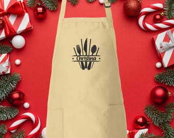 Embroidered Kitchen Aprons For Women And Men, Chef Aprons, Mothers Day Gift, Apron With Pockets, Christmas Chef Aprons