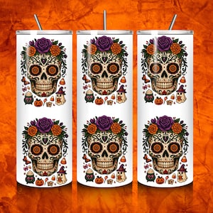 Roses and Floral Patterns Digital Design, Floral Skull Tumbler Design, Day of the Dead PNG, Halloween Png, Halloween Tumblers Digital Design