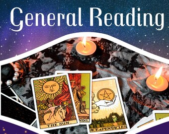 May include: A promotional image for a general tarot reading. The image features three tarot cards, lit candles, and the text "General Reading." The cards are "The Sun" and "Ace of Pentacles." The background is a starry night sky.