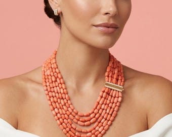 Colar italiano de várias voltas, colar de bambu com coral, ideia de presente para mulheres, colar marcante, joias de coral, colar de coral