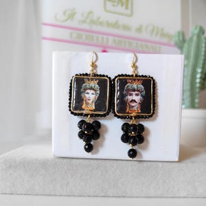 pendant earrings, Sicilian earrings, Sicilian majolica earrings, onyx earrings, ceramic earrings, Sicilian jewelry