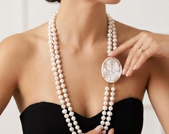 Italian jewelry, cameo necklace, multi-strand pearl necklace with hand-engraved cameo, women's necklace, women's gift idea, cameo necklace