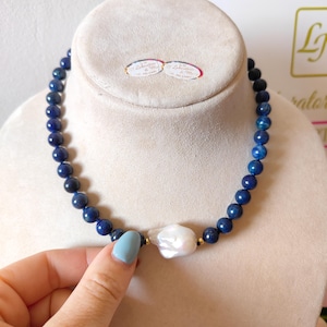 Italian jewelry, choker necklace, women&#39;s necklace, lapis lazuli necklace, baroque pearl necklace, lapis lazuli and pearl necklace