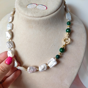 choker necklace, women&#39;s necklace, elegant necklace, Italian jewelry, flat pearl necklace, zirconia clasp necklace, gift