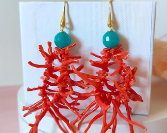 dangle earrings, Italian jewelry, natural red coral earrings, coral sprig earrings, natural coral earrings