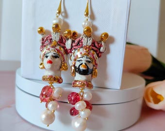 Siciliaanse oorbellen, Moorse hoofd oorbellen, Caltagirone keramische oorbellen, toermalijn oorbellen, oorbellen met hangers, cadeau
