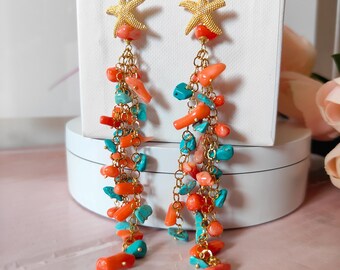 drop earrings, long earrings, bamboo coral earrings, Italian jewelry, turquoise and coral earrings, cluster earrings,