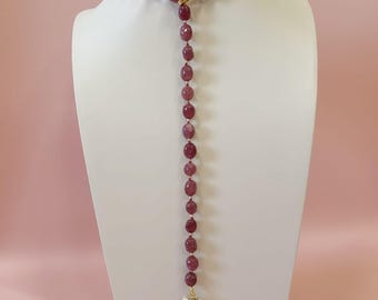 Italian jewelry, strawberry quartz and pearl necklace, natural stone necklace, lariat necklace, natural pearl necklace, gift idea