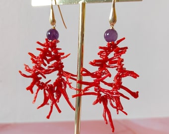 drop earrings, Italian jewelry, natural red coral earrings, coral sprig earrings, amethyst and coral earrings