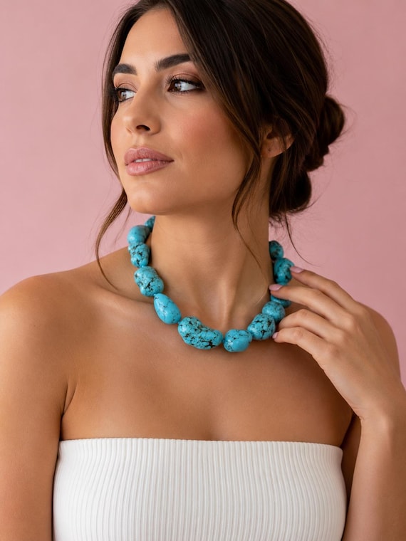 collana donna, collana elegante, girocollo donna, gioielli italiani, collana turchese naturale, collana con sassi turchesi, idea regalo