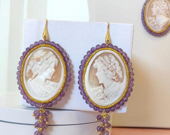 カメオのイヤリングと模造象牙ペーストの雫、925シルバーのイヤリング