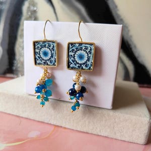 pendant earrings, Sicilian earrings, Sicilian majolica earrings, pearl earrings, ceramic earrings, Sicilian jewelry