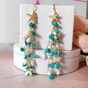 oorbellen, lange oorbellen, oorbellen met turquoise chips, Italiaanse sieraden, oorbellen met turquoise en parels, clusteroorbellen,