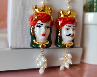 Siciliaanse oorbellen, Moorse hoofdoorbellen, Caltagirone keramische oorbellen, hangende oorbellen, Siciliaanse sieraden, oorbellen