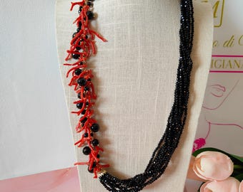 Joias italianas, colar de ônix e coral, colar de coral natural, colar de ônix facetado, colar elegante, colar feminino