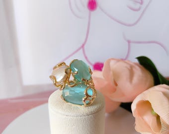 maxi ring, pearl ring, stone ring, adjustable ring, eye-catching ring, Italian jewelry, women's gift, three-stone ring