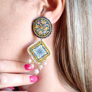 Sicilian earrings, Italian jewelry, drop earrings, women&#39;s earrings, Sicilian tile earrings, large earrings, gift