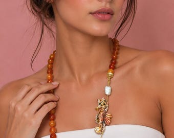 Italian jewelry, Caltagirone ceramic seahorse necklace, carnelian necklace, gift idea, Sicilian ceramic necklace