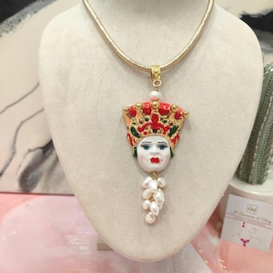 Sicilian necklace, Italian jewelry, Hand painted Caltagirone ceramic pendant necklace, Ceramic Moor&#39;s head necklace