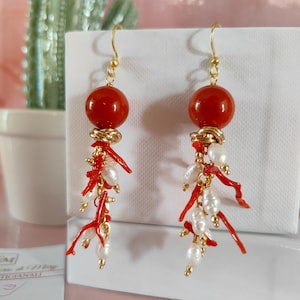 dangle earrings, Italian jewelry, natural red coral earrings, coral sprig earrings, natural coral earrings