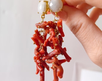 Italian jewelry, drop earrings, coral earrings, raw coral cluster earrings, women's earrings, statement earrings
