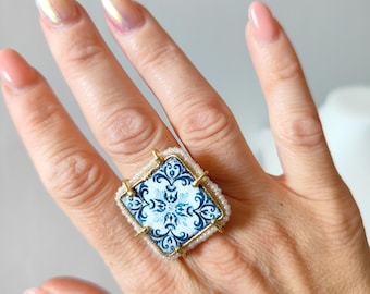 Italiaanse sieraden, Siciliaanse ring, Siciliaanse tegelring, maxi-ring, damesring, verstelbare ring, opvallende ring, cadeau