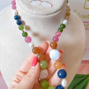 women&#39;s necklace, décolleté necklace, Italian jewelry, semiprecious stone necklace, showy necklace, tourmaline necklace, chic necklace, pearl necklace