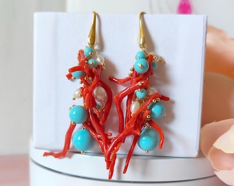dangle earrings, Italian jewelry, earrings with natural coral, coral pearl and turquoise earrings, women's earrings, women's gift