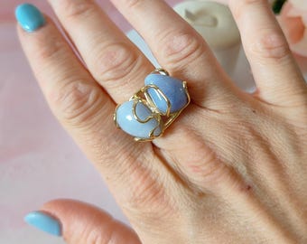 Italian jewelry, maxi ring, ring with natural stones, ring with blue chalcedony, adjustable ring, brass ring, gift