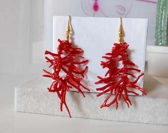 Drop earrings, Italian jewelry, natural red coral earrings, coral sprig earrings, natural coral earrings