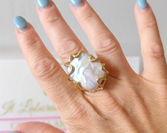 Italian jewelry, baroque pearl ring, natural pearl ring, brass ring, adjustable ring, statement ring, maxi ring
